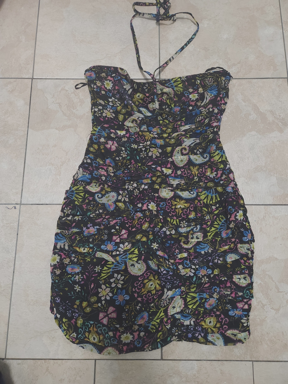 Zara NWT XS Floral Paisley Halter Dress Black Multicolor Boho